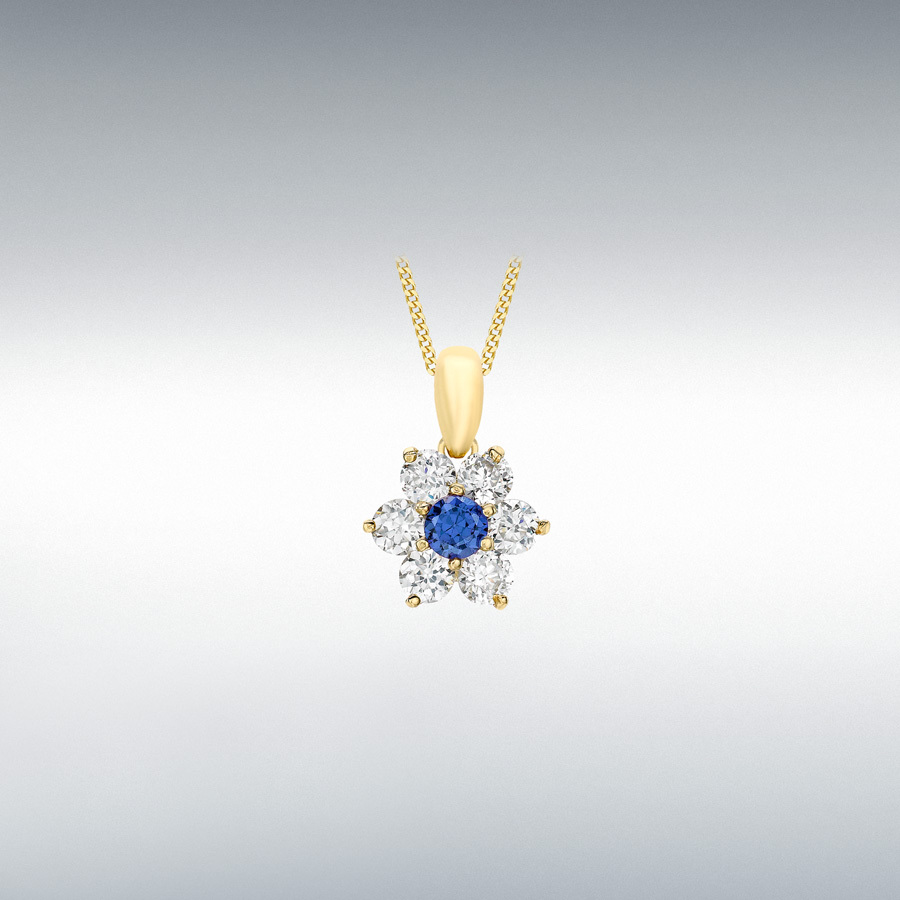 9ct Yellow Gold Round Blue and Round White CZ 10mm x 14.6mm Flower Cluster Pendant