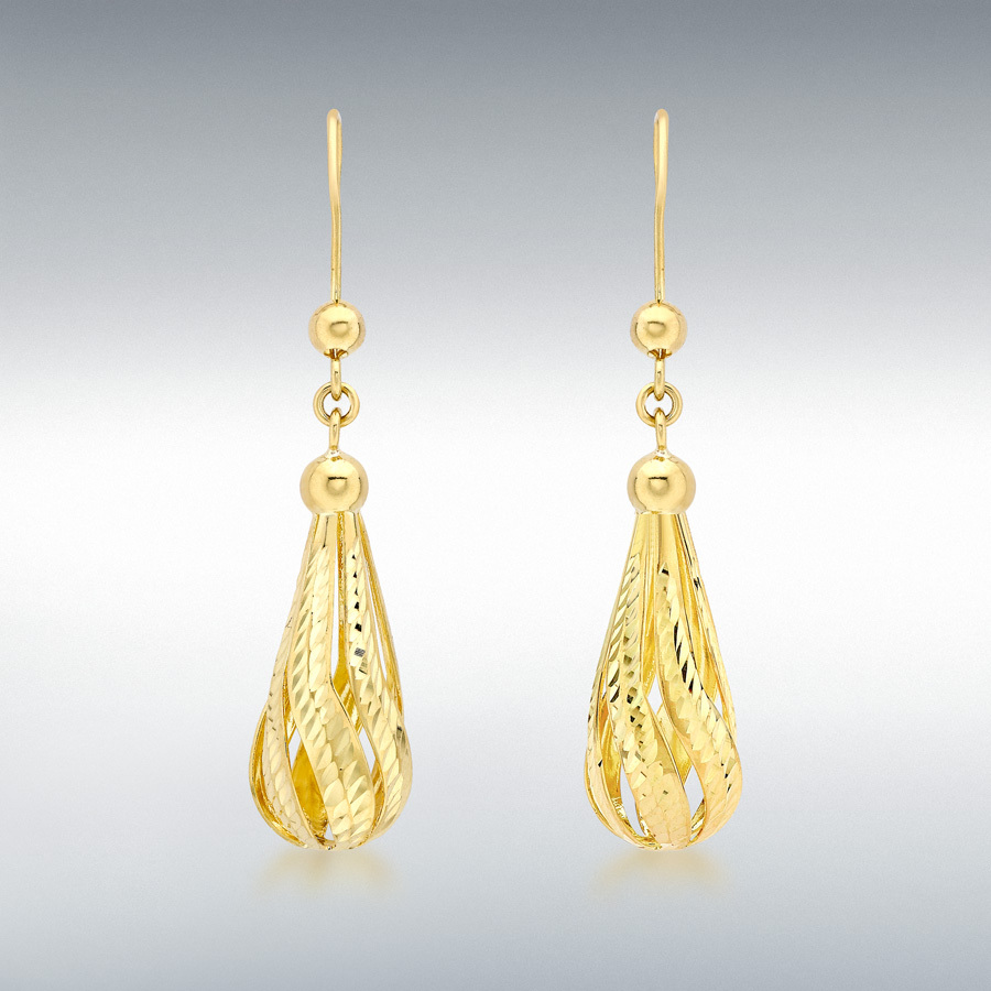 9ct Yellow Gold 8.5mm x 38.5mm Diamond Cut Teardrop Earrings