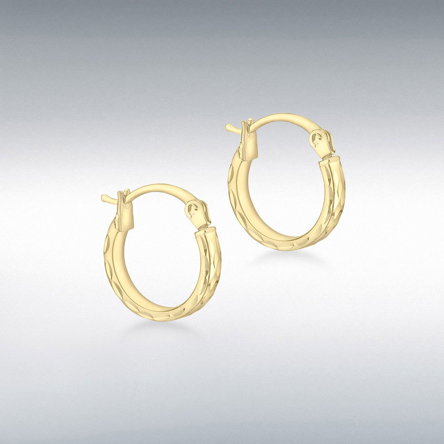 9ct Yellow Gold 2.5mm Tube 12.5mm Diamond Cut Hoop Creole Earrings