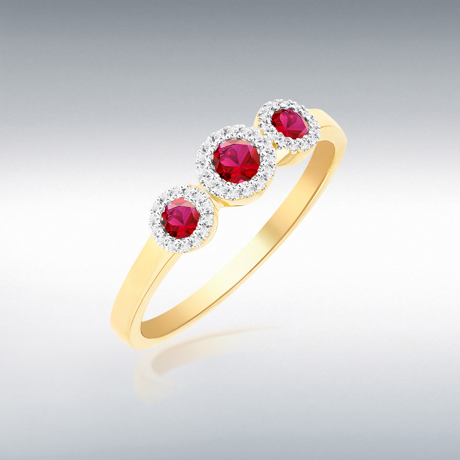 9CT Yellow Gold 5mm x 14mm Trinity Rings with Lab Rubies and Diamonds 