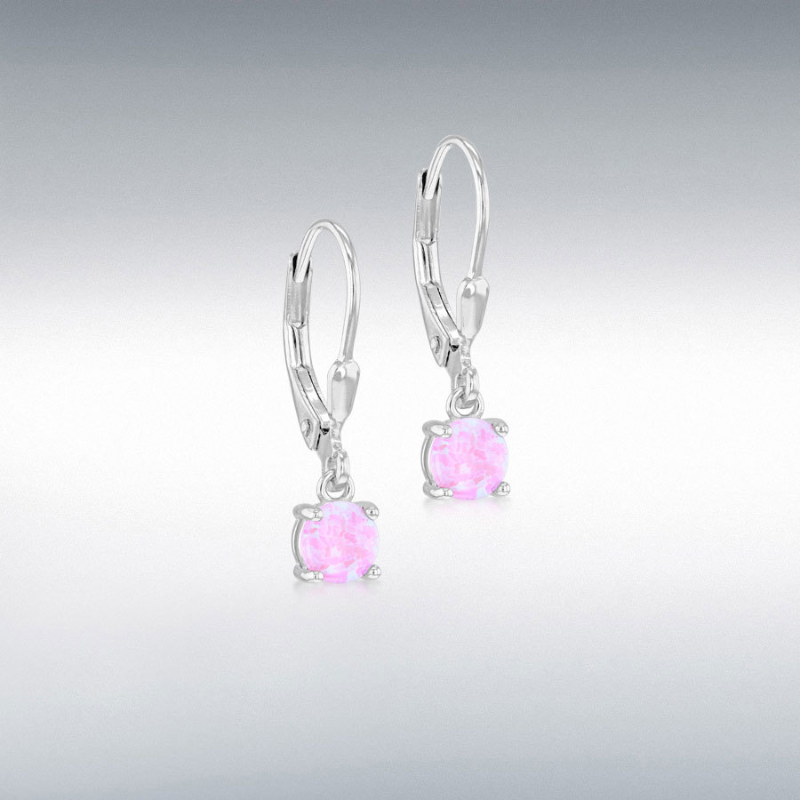 Sterling Silver Rhodium Plated 5mm Synthetic Pink Round Opals Drop Earrings