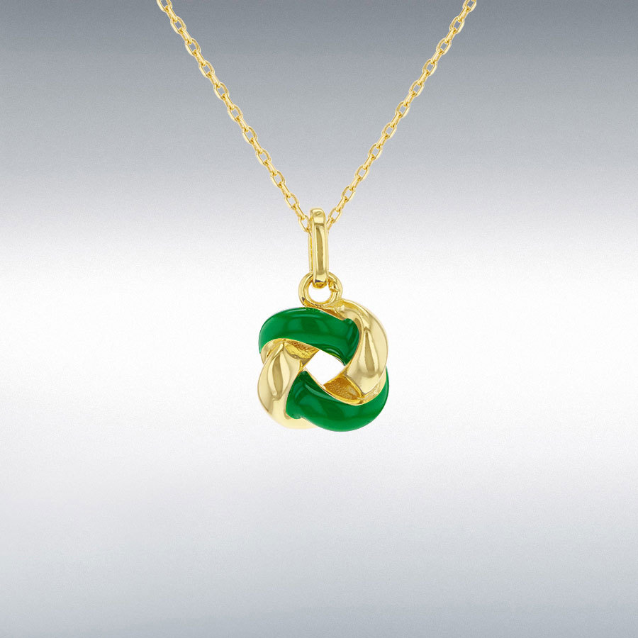 Sterling Silver Yellow Gold Plated Green Enamel Knot Necklace