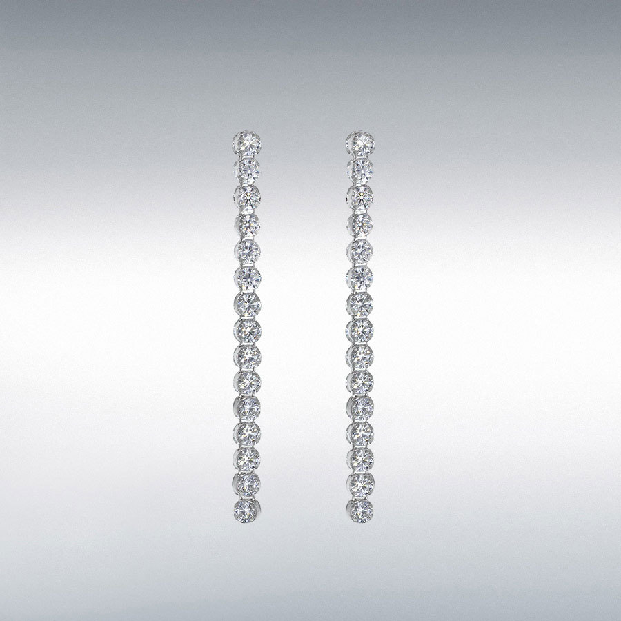 Sterling Silver Rhodium Plated White CZ 2.5mm x 33mm Drop Earrings