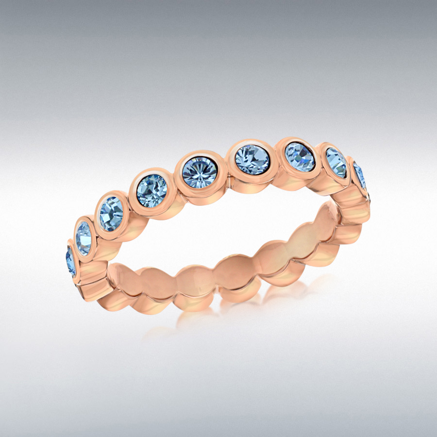 Sterling Silver Rose Gold Plated Round Blue Crystal 4mm Band Stacking Ring