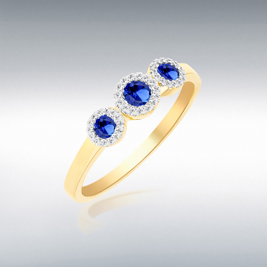 9CT Yellow Gold 5mm x 14mm Trinity Rings with Lab Sapphires and Diamonds 