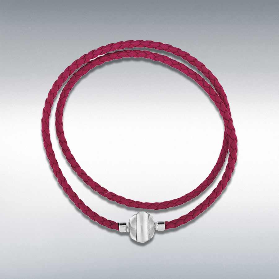 Sterling Silver Pink Plaited Leather Bracelet 19cm/7.5"