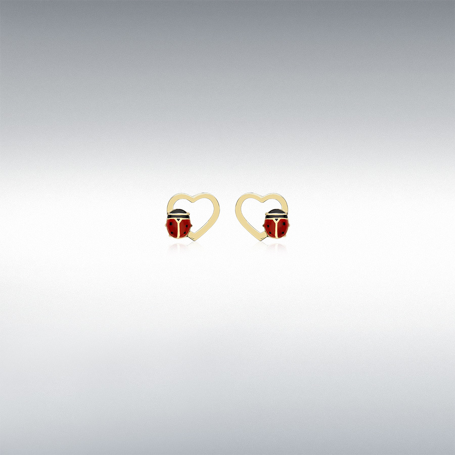 9ct Yellow Gold 8mm x 7mm Open-Heart and Ladybird Stud Earrings