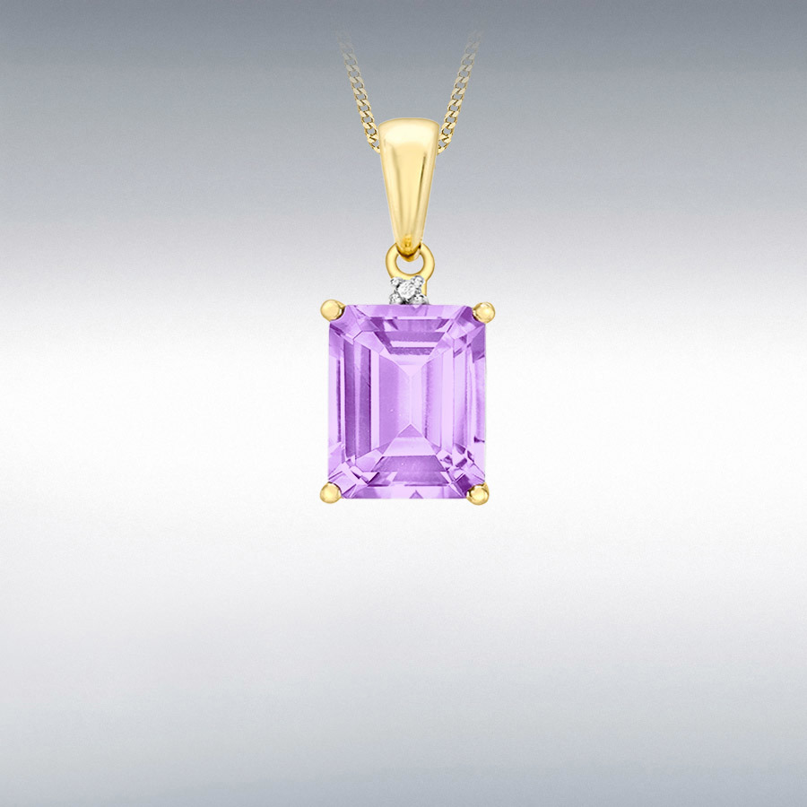 9ct Yellow Gold 0.005ct Diamond and 7mm x 9mm Amethyst 8mm x 17mm Pendant