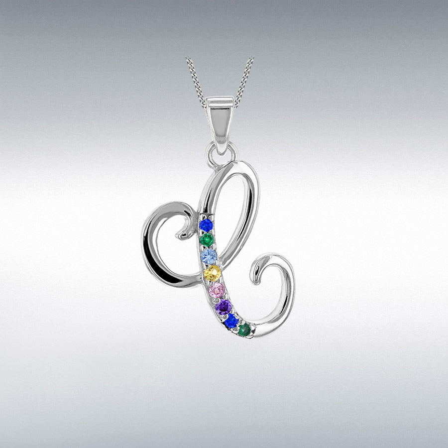 Sterling Silver Rhodium Plated with Multi-Coloured CZ Script C Initial Pendant