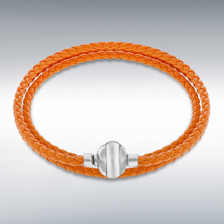Sterling Silver Orange Plaited Leather Wrap Bracelet 60cm/23.5"