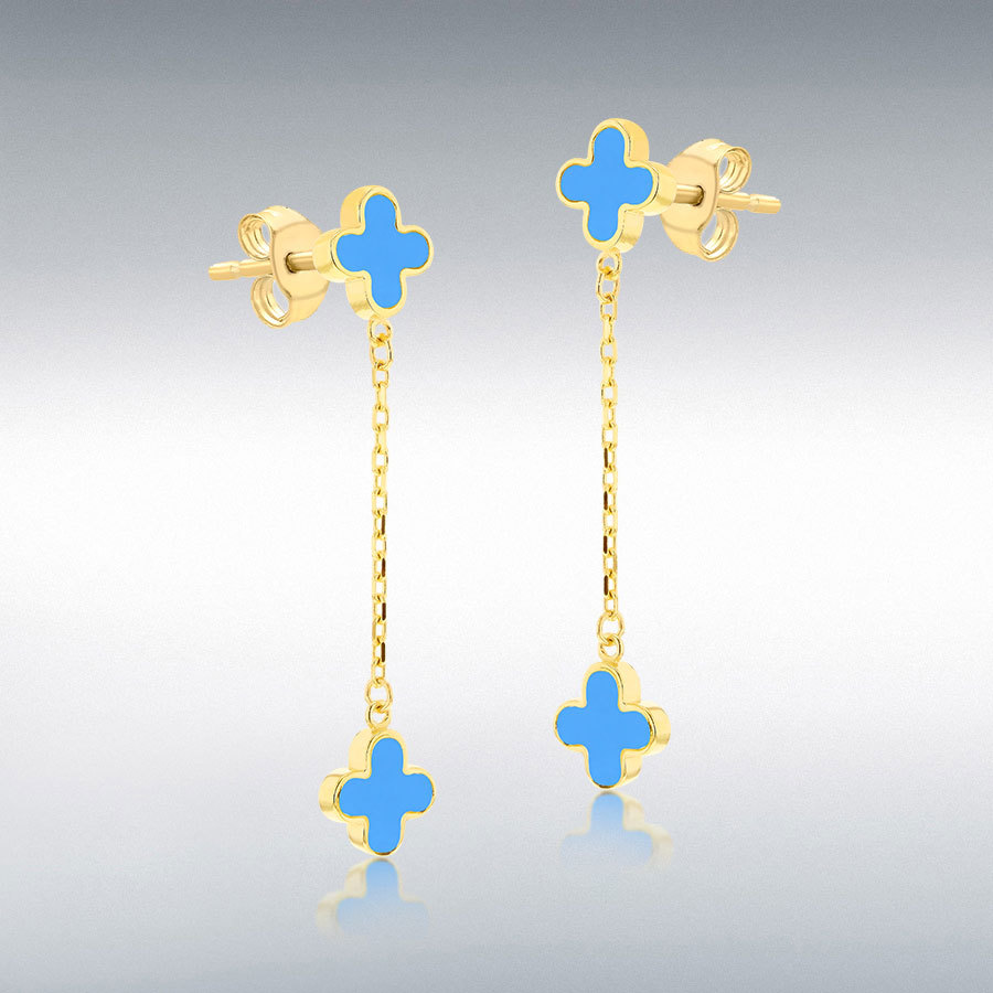 9ct Yellow Gold 6.75mm x 35mm Turquoise Clover Petals Drop Stud Earrings