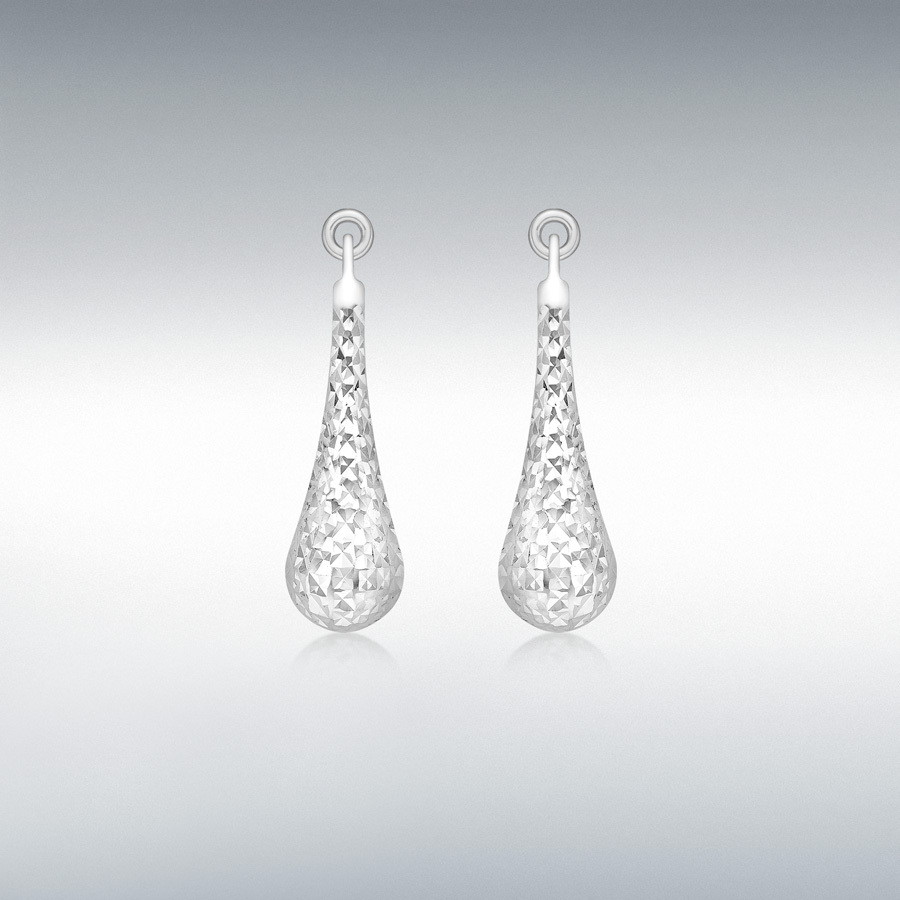 9ct White Gold 5.5mm x 23.5mm Diamond Cut Teardrop Earrings