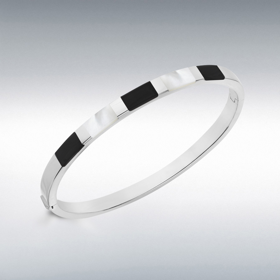 Sterling Silver 5mm Onyx and Mother of Pearl Bangle 