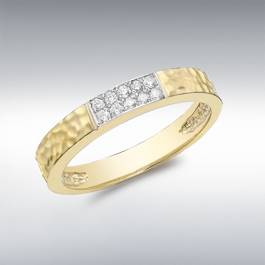 9ct Yellow Gold 0.10ct Diamond Pave Hammered Band Ring
