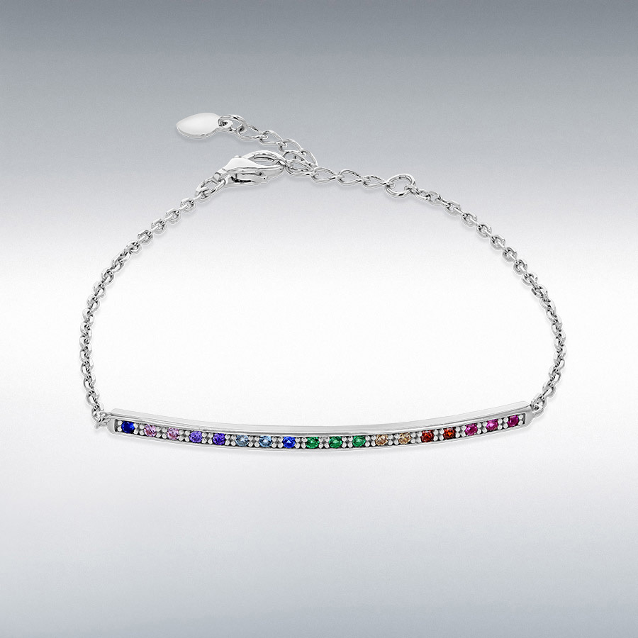 Sterling Silver Rhodium Plated Multi-Coloured CZ 44mm x 2.5mm Bar Adjustable Bracelet 16cm/6.25"-19cm/7.5