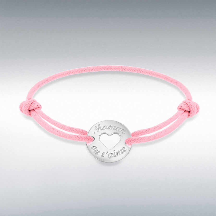 Sterling Silver Rhodium Plated Pink Cord 16.5mm 'Maman on t'aime' Disc Adjustable Bracelet