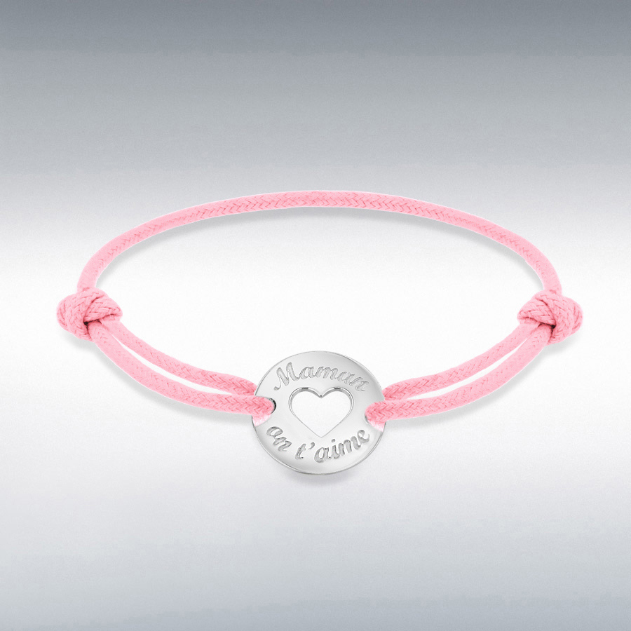 Sterling Silver Rhodium Plated Pink Cord 16.5mm 'Maman on t'aime' Disc Adjustable Bracelet
