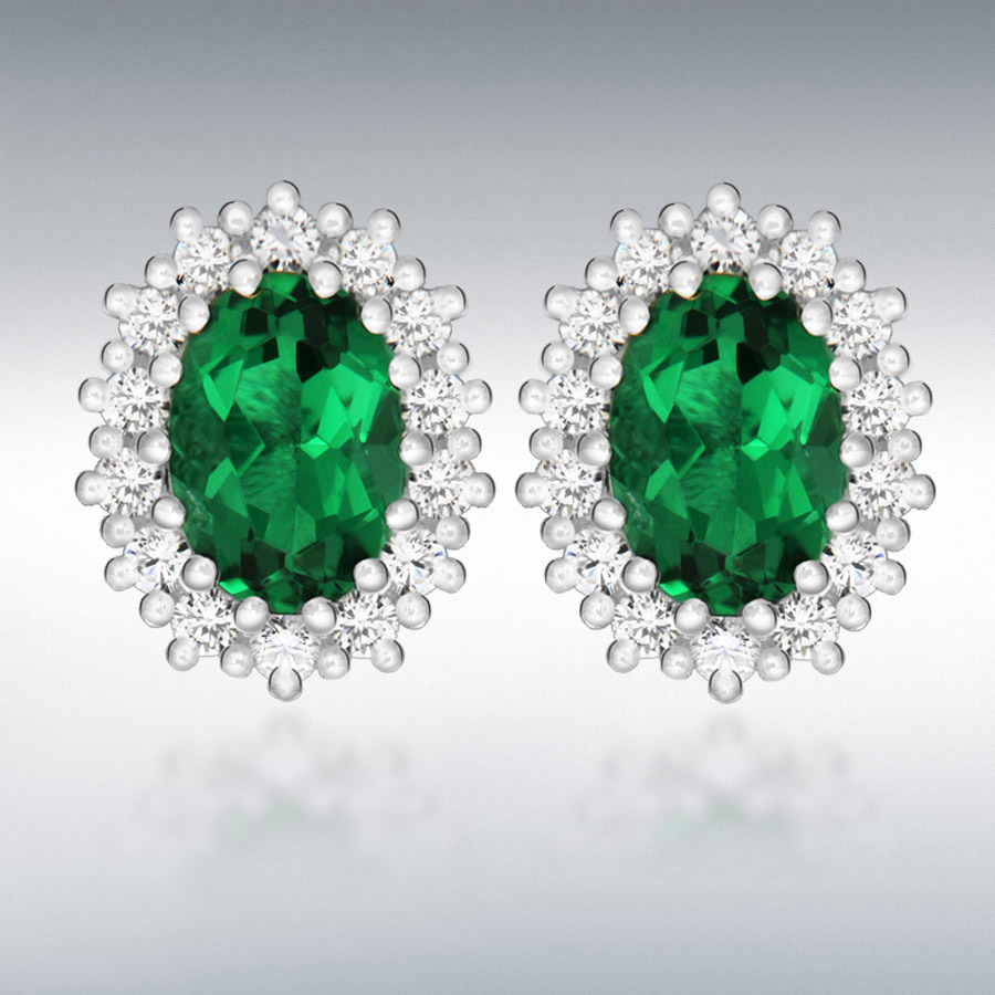 Sterling Silver White CZ and Green Glass 10mm x 12mm Cluster Oval Stud Earrings