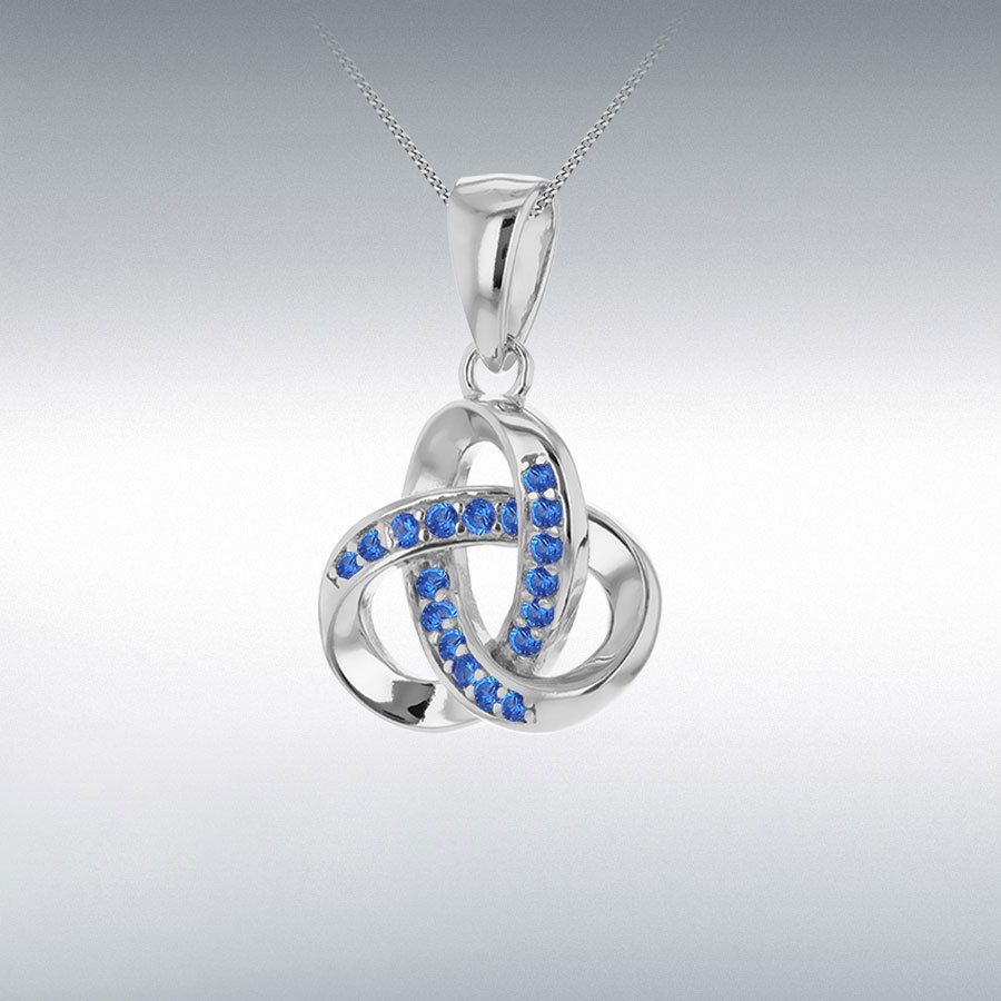 Sterling Silver Rhodium Plated Trinity Knot Blue CZ Pendant