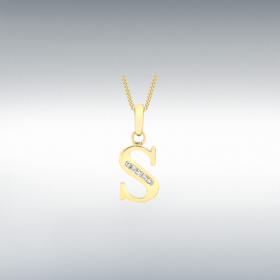9ct Yellow Gold CZ 7mm x 13mm 'S' Initial Pendant