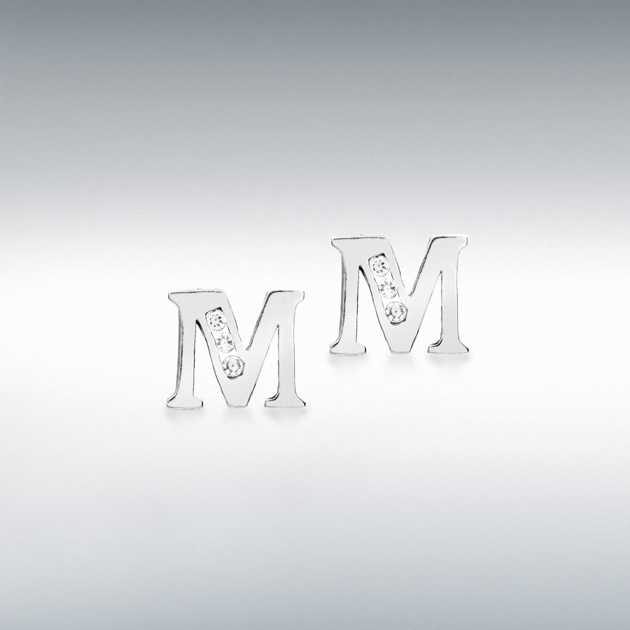 9ct White Gold CZ 8mm x 7mm 'M' Initial Stud Earrings