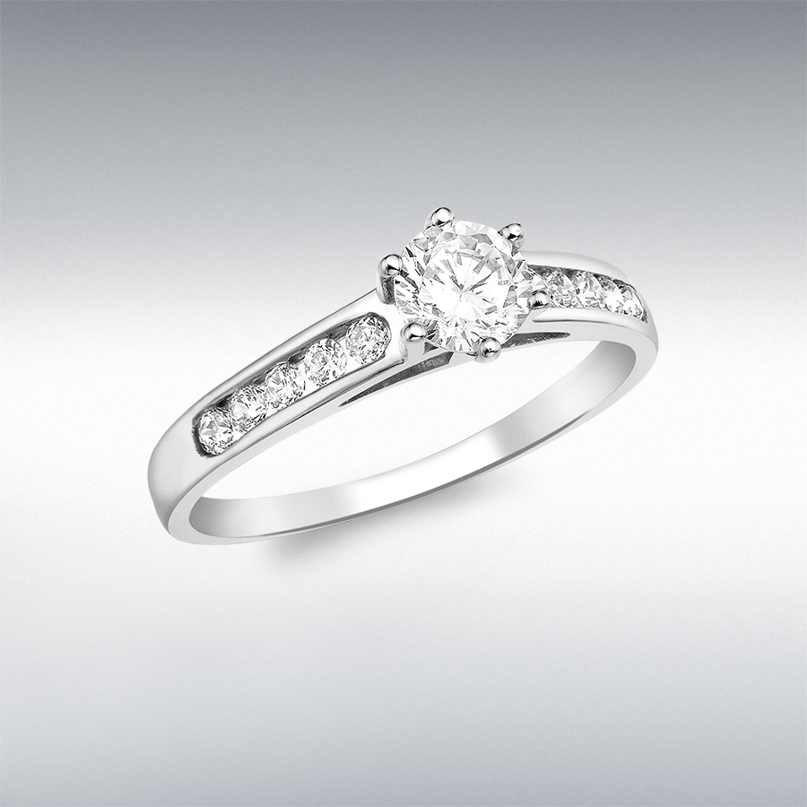9ct White Gold 5mm Round Solitaire CZ with 10 x 2mm CZ Shoulder Ring