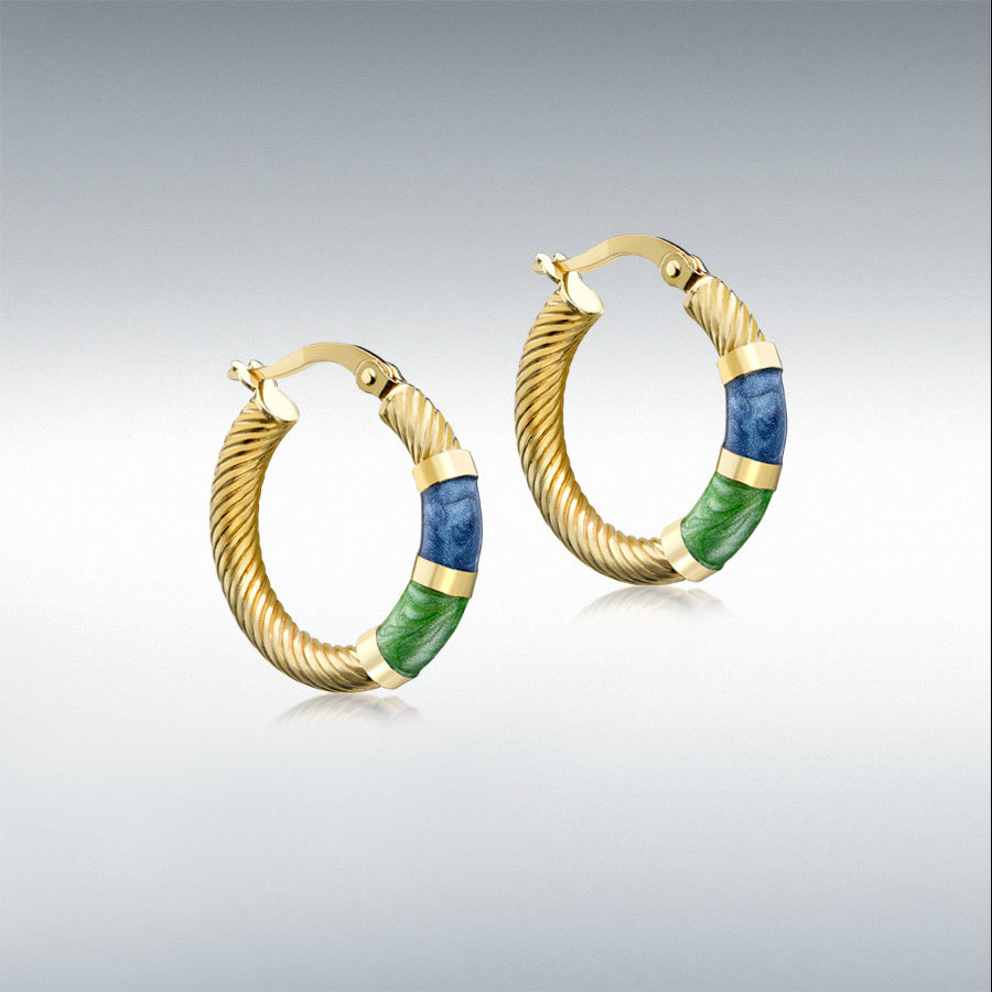 9ct Gold 21.5mm Blue and Green Enamel Twist-Tube Hoop Creole Earrings