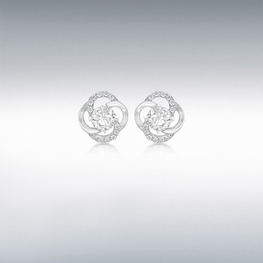 Sterling Silver Rhodium Plated CZ 10mm x 10.5mm Knot Stud Earrings