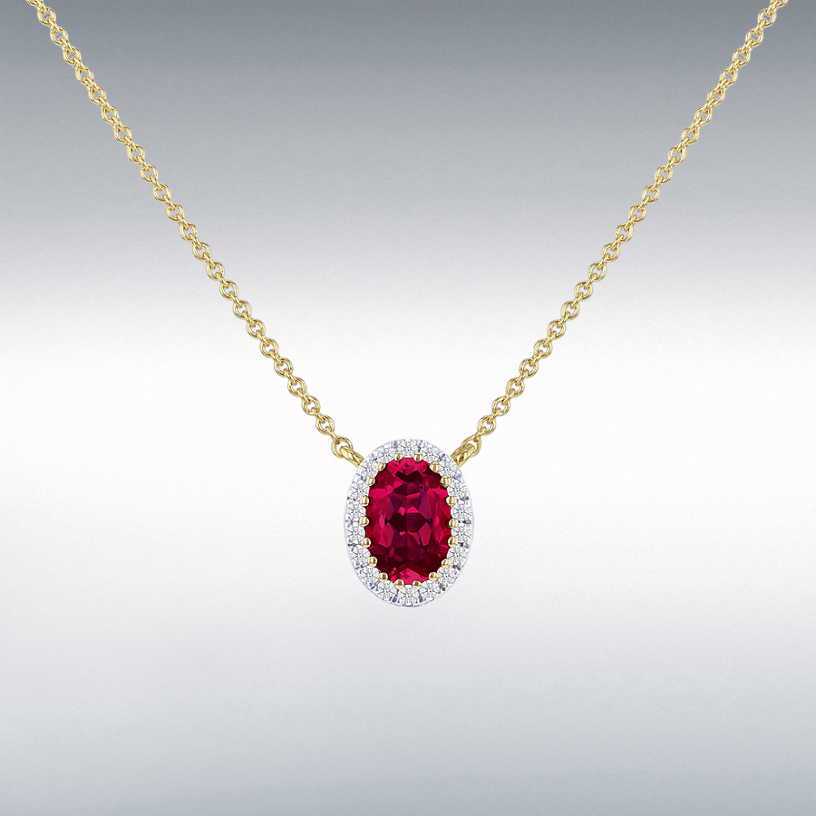 9ct Yellow Gold 0.07ct Round Lab Created  Diamond and 6mm x 4mm Lab Created Ruby Cluster Necklace 41cm/16"-46cm/18"