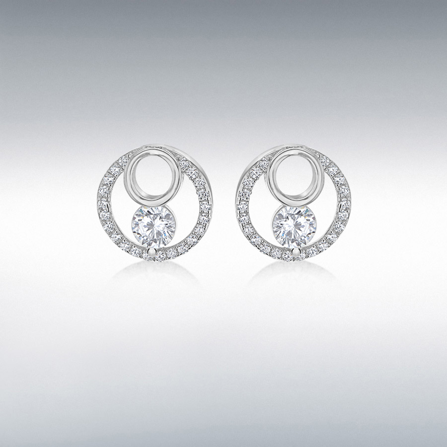 Sterling Silver Rhodium Plated CZ 11.3mm Double-Circle Earrings 