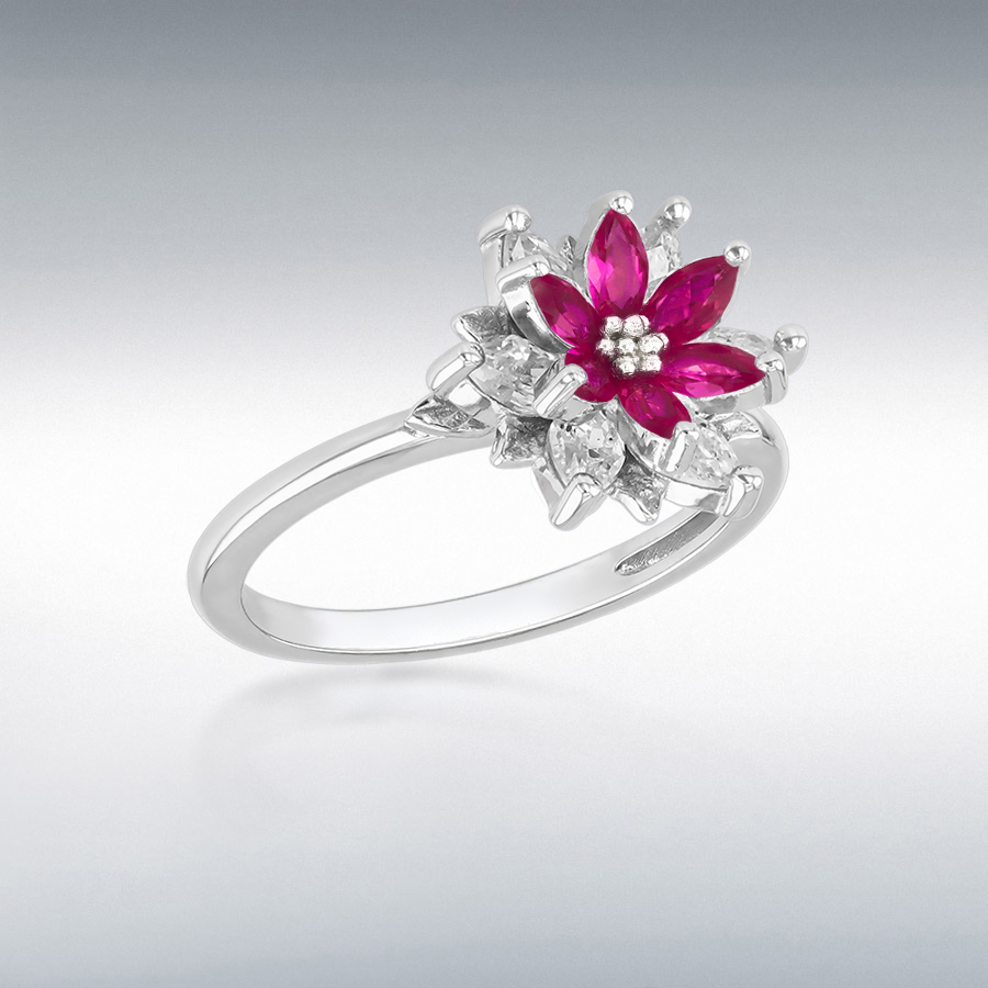 Sterling silver Rhodium Plated  White CZ and Red Corundum 12mm Flower Ring