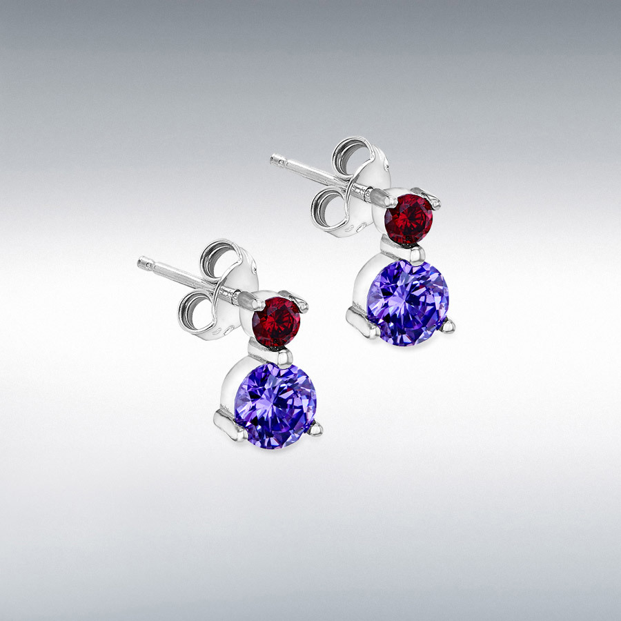 Sterling Silver Rhodium Plated Red and Purple CZ 5.5mm x 9mm Graduated Stud Earrings
