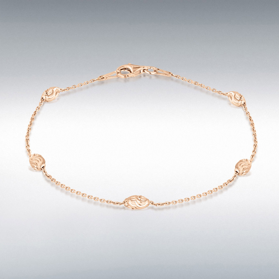 Sterling Silver Rose Gold Plated 6.5mm x 4mm Diamond Cut Ball and Trace Chain Bracelet 19cm/7.5