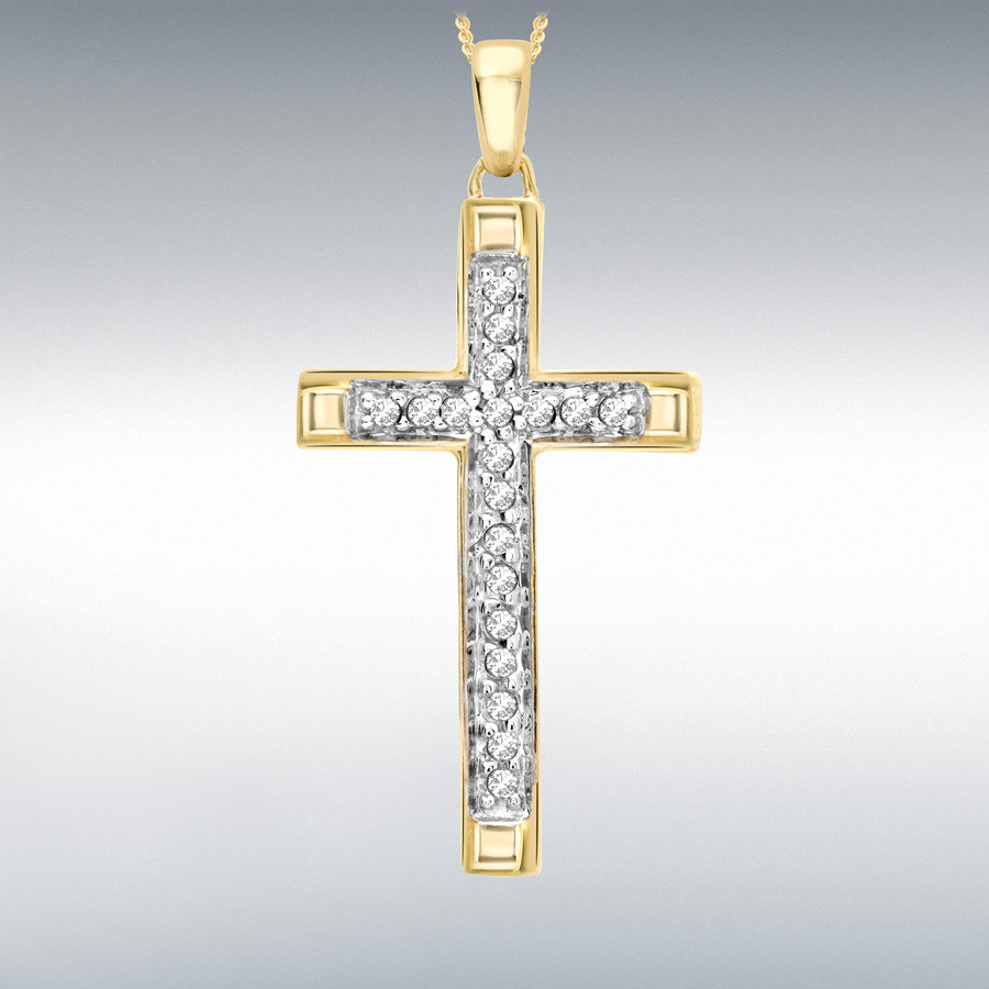 9ct Yellow Gold 0.15ct Diamond 17mm x 33mm Cross Pendant