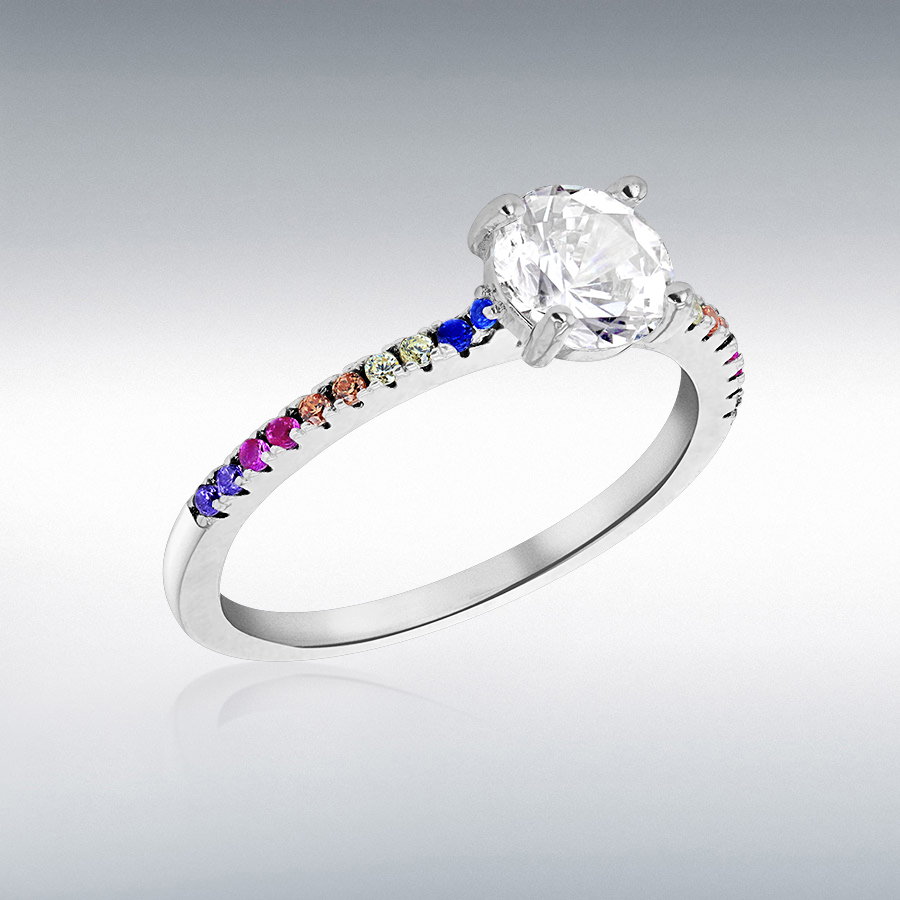 Sterling Silver Rhodium Plated Multi-Coloured CZ Ring