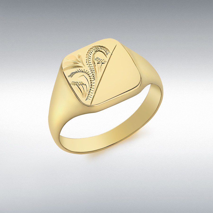 9ct Yellow Gold Half-Engraved 12mm x 12mm Square Signet Ring