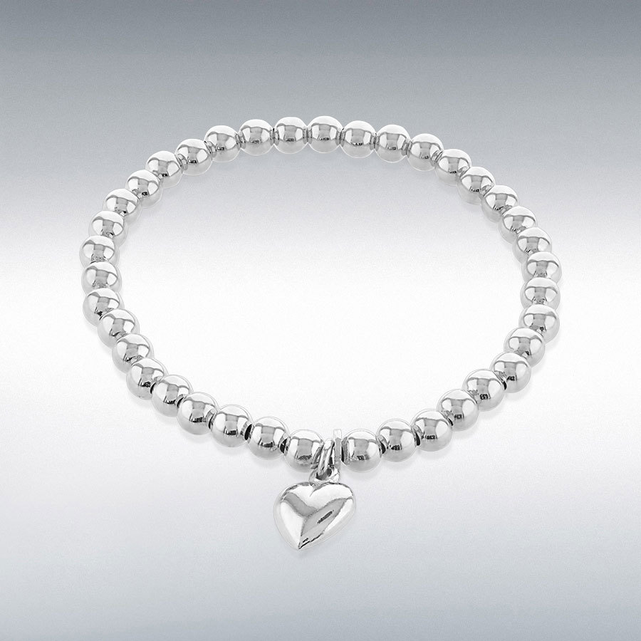 Sterling Silver Elastic Beads with Heart Charm Bracelet 18cm/7"