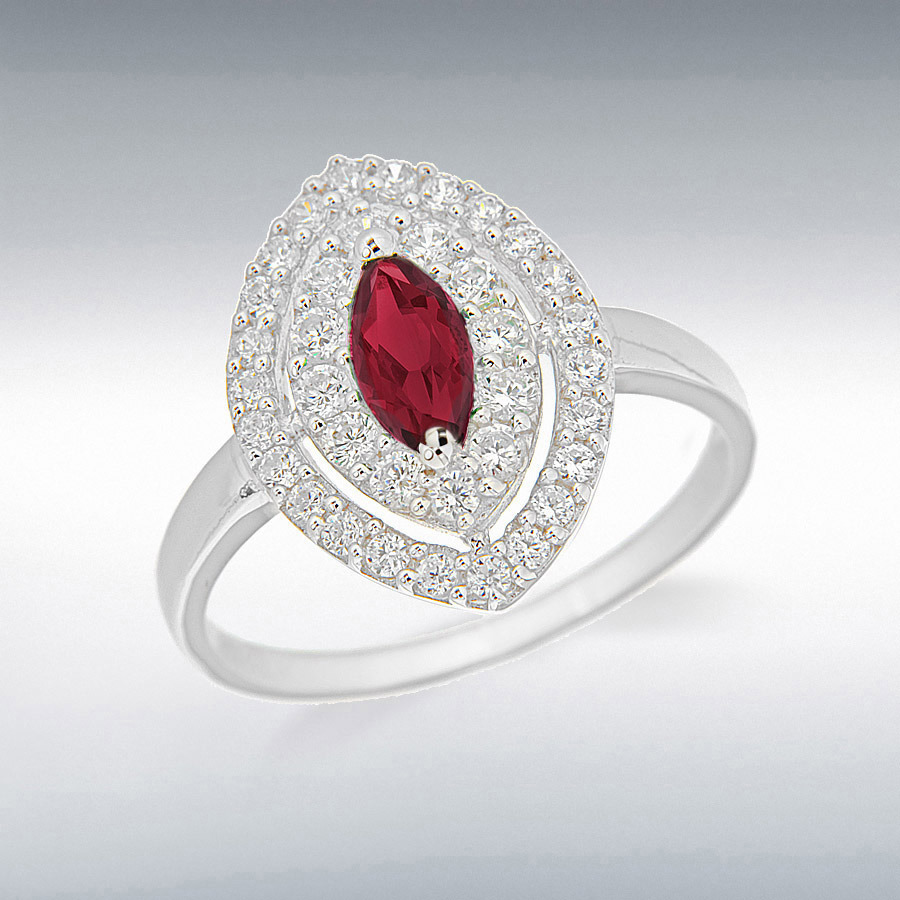 Sterling Silver Rhodium Plated White CZ and Synthetic Ruby Marquise Elliptic Ring