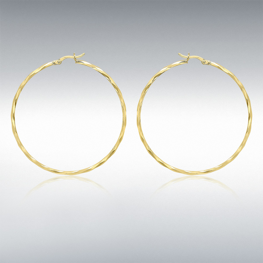 9ct Yellow Gold 1.5mm Tube 48mm Diamond Cut Faceted Hoop Creole Earrings