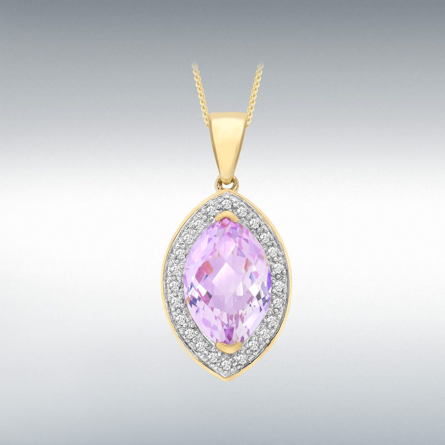 9ct Yellow Gold 0.15ct Diamond and Amethyst Marquise 12mm x 18mm Pendant