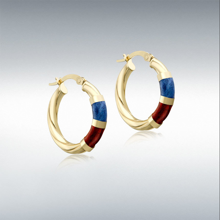 9ct Gold 21.5mm Blue and Red Enamel Slightly-Twisted-Tube Hoop Creole Earrings
