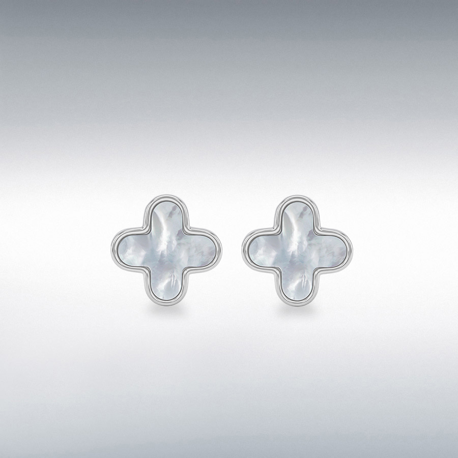 Sterling Silver Rhodium Plated 11mm Mother of Pearl Clover Huggy Earrings