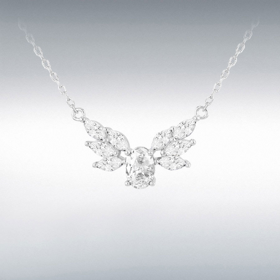 Sterling Silver Rhodium Plated 5x7mm White Oval CZ and White Marquise CZ Necklet 42cm/16.5" - 45cm/17.5"