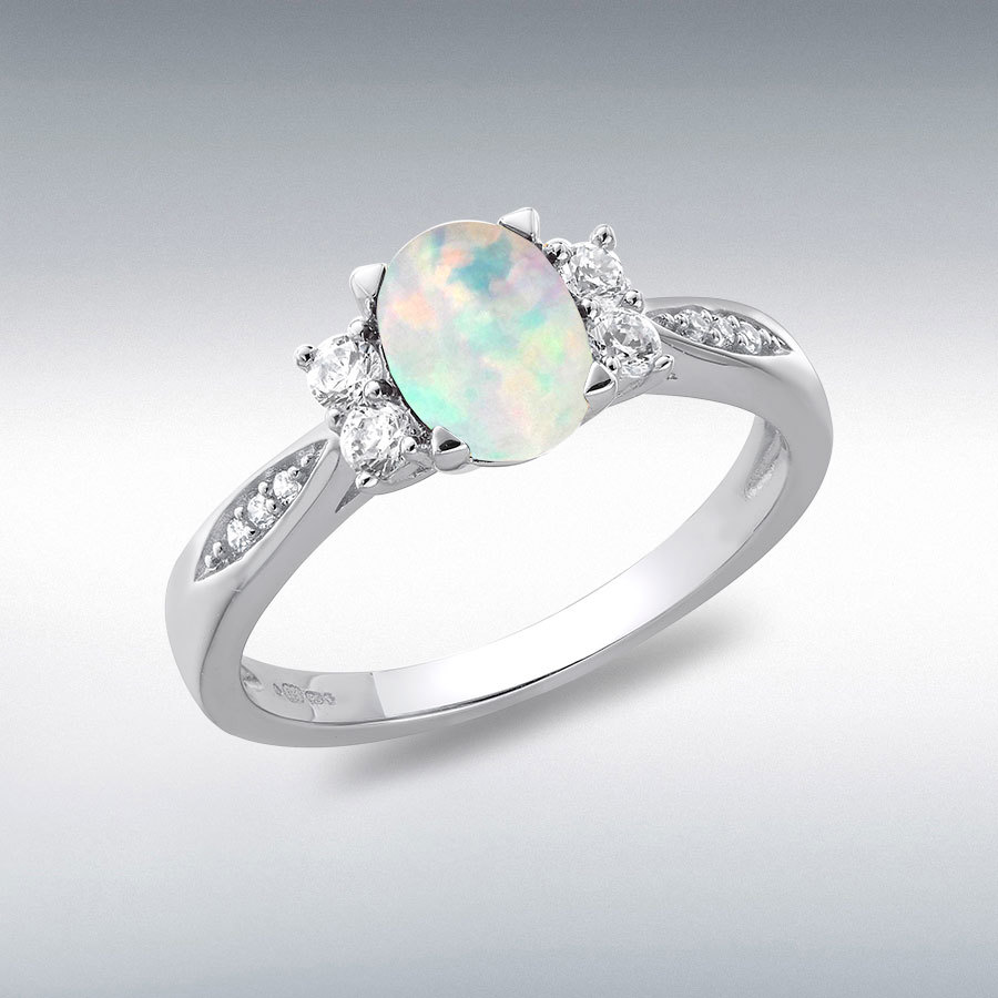 Sterling Silver Rhodium Plated Oval Synthetic Opal and White CZ 9mm x 7mm Tapered Shoulder Ring