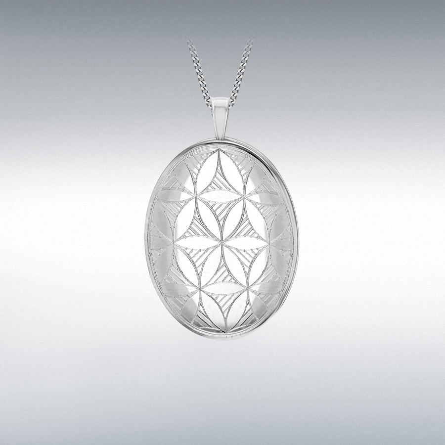 Sterling Silver Rhodium Plated 20mm x 31mm Oval 'Art Deco' Locket