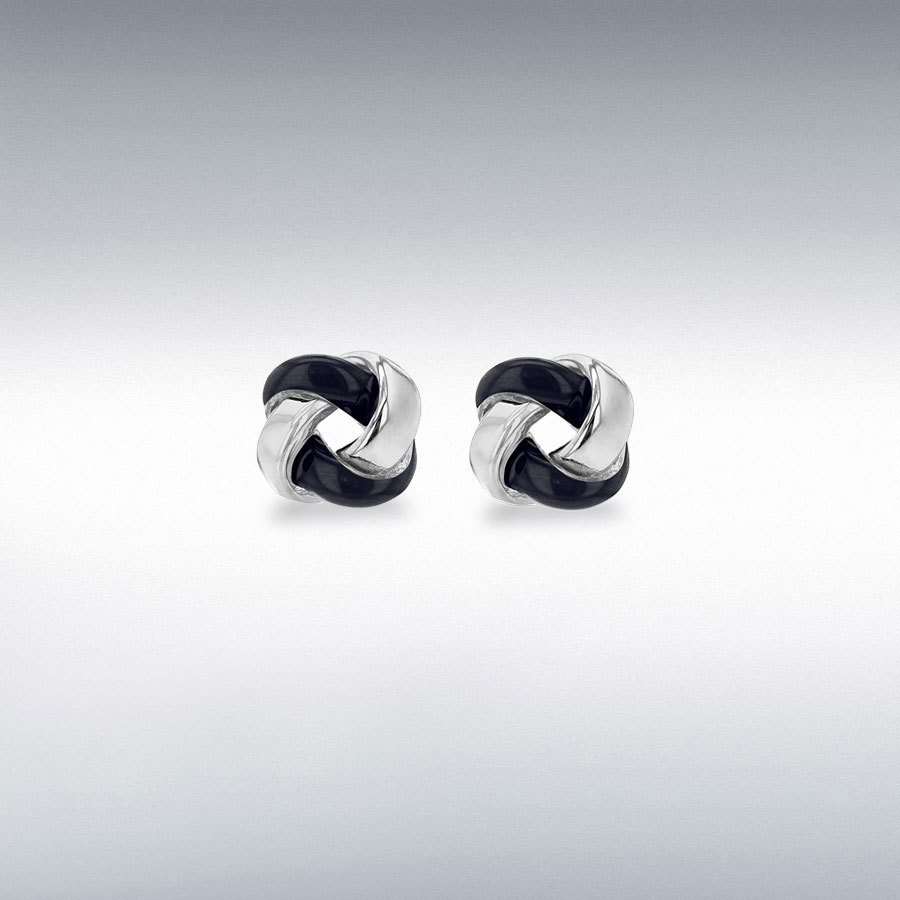 Sterling Silver Rhodium Plated 7.5mm Black Enamel Small Knot Stud Earrings