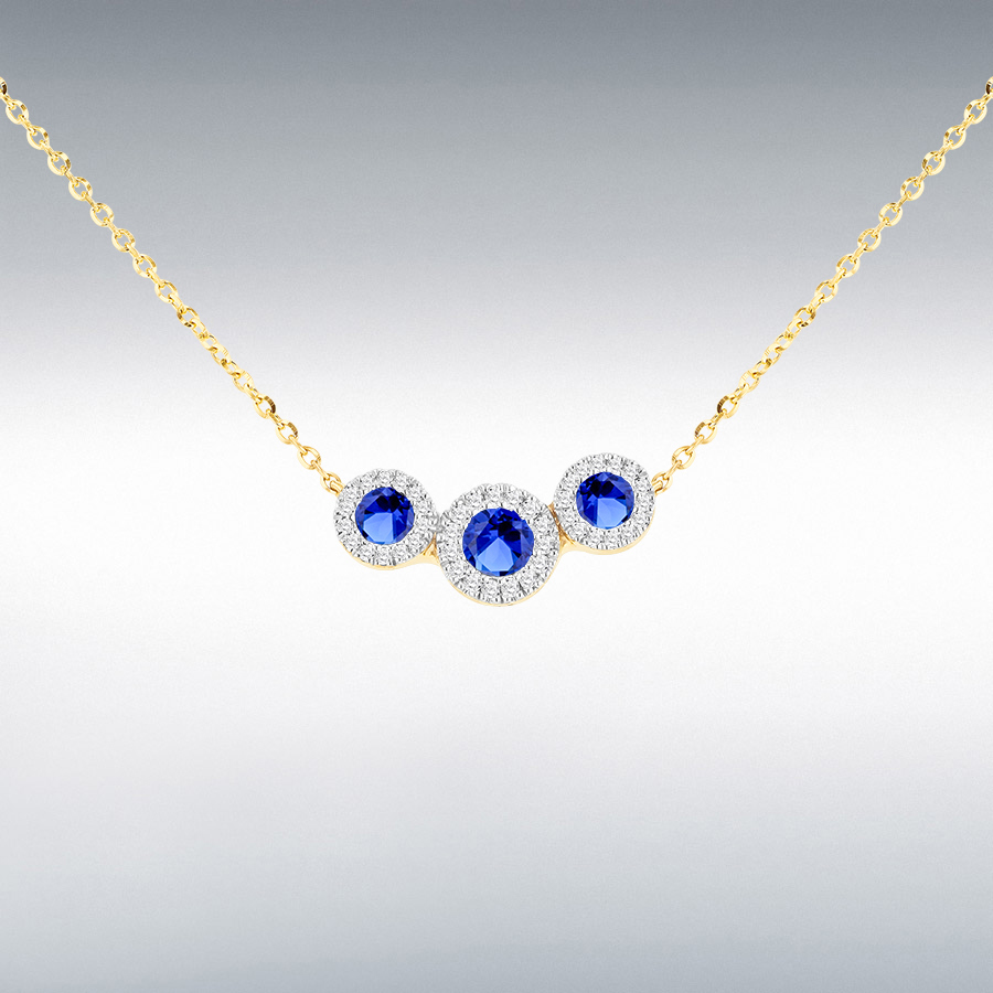 9CT Yellow Gold 7mm x 15mm Trinity Pendant with Lab Sapphires and Diamonds Necklace 43cm/17"-46cm/18"