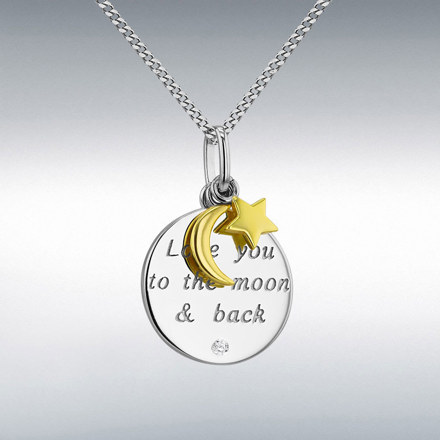 r Gold Plated and Rhodium Plated 15.7mm x 22.7mm Engraved Round Disc with Star and Moon Charm Pendant
