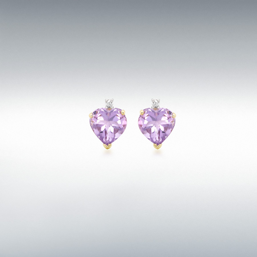 9ct Yellow Gold 0.03ct Diamond and Amethyst 7mm x 10mm Heart Stud Earrings