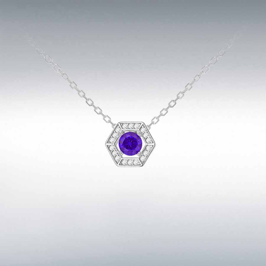 Sterling Silver Rhodium Plated 11mm x 9.5mm Round Small White CZ Halo Hexagon with 5mm Round Purple CZ Necklace  42cm/16.5" - 45cm/17.75"